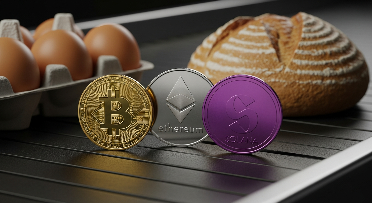 Bitcoin, Ethereum, and Solana coins on a supermarket conveyor belt — what does your crypto buy?