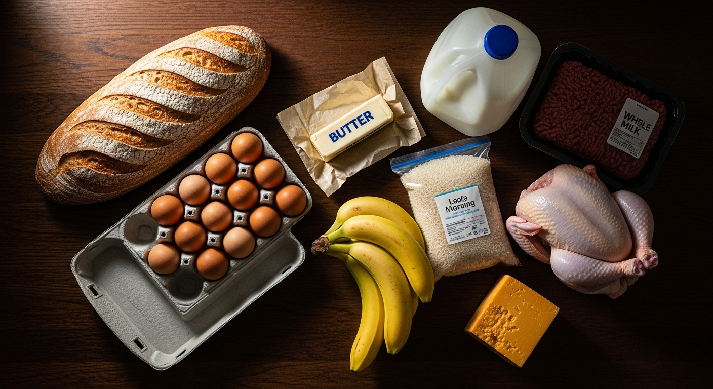 A Saturday grocery haul — the 12 items in our basket, shot overhead on a dark kitchen counter